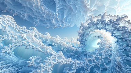 The infinity of a frozen fractal wonderland unfolds in icy blues and whites.