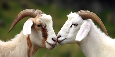 Portrait of two cute goats who like each other. Love of animals.
