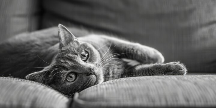 A black and white photo of a cat resting on a couch. Suitable for pet lovers and home decor