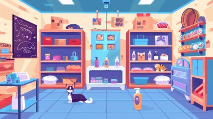 Isolated modern cartoon of a pet shop interior. Pet shop business selling toys and food to pet owners. Dog beds, shampoo for puppies, cat carriages and carriers for cats. - obrazy, fototapety, plakaty