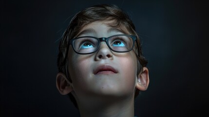 Fototapeta na wymiar A young boy wearing glasses looking up with curiosity. Ideal for educational and science-related projects