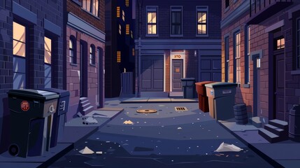 Cityscape clipart set with building, dumpster, barrel, hydrant, and stop sign. Dark empty peaceful alleyway isolated objects collection. - obrazy, fototapety, plakaty