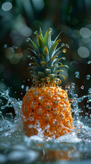 Water splashed delicious pineapple, isolated dark background.