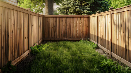Wooden fence in the backyard and lawn.