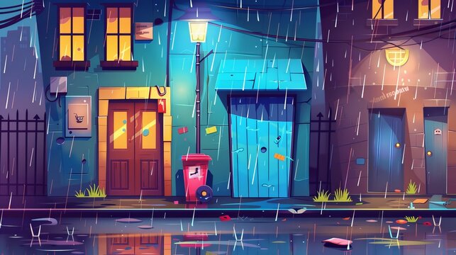 Cartoon illustration of rain on a city alley back street. Images of ghetto apartment with trash and door, empty alleyway with storm and water puddle, and falling droplets.