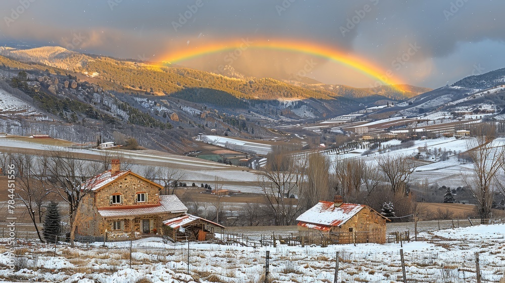 Poster   A house in a snow-covered field, rainbow arcing above, mountains with snow-capped peaks behind