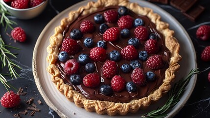   A chocolate tart topped with raspberries, blueberries, and a drizzle of chocolate, garnished with a sprig of fresh rosemary