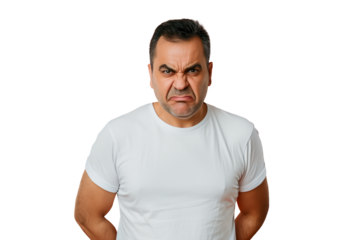 Middle aged angry man isolated on transparent background