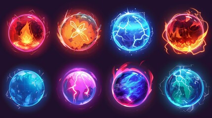 A magic orb ball game icon with fire glow effect. Crystal power sphere and lava fireball with lightning electric element. Neon crystal plasma bubble. Shiny and glowing round abstract collection. - obrazy, fototapety, plakaty