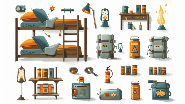 Modern cartoon illustration of bunker design elements isolated on white background. Bunkbed with ladder, fuel container, gas cooker, power generator, lamps, canned food on shelf.