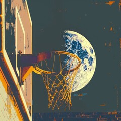 A view of basketball hoop with the moon