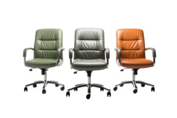 Trio of Office Chairs in Harmony. On White or PNG Transparent Background.