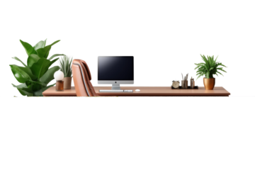 Workspace Oasis: Computer and Plant Harmony. On White or PNG Transparent Background.