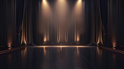 Stage and black curtain with spotlights. Realistic modern illustration of opera or movie ceremony. Draped drapery on stage with light for presentation.