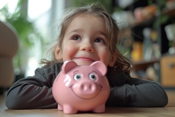 Obraz premium A young girl intently focuses on a piggy bank placed in front of her on the table