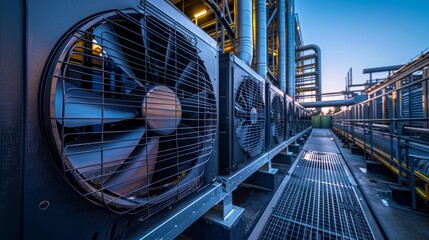 Sets of cooling towers in data center building.
