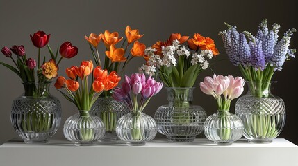   A white countertop holds a row of vases, each brimming with vibrant flowers against a gray wall backdrop