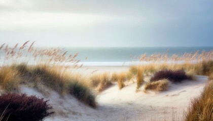 Sea oats and beach heather scattered over sandy dunes with a soft ocean breeze, blending the delicate textures of the plants with the vastness of the sea in the background. - obrazy, fototapety, plakaty