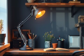 A warm, illuminated desk area with an open book under a reading lamp, portraying a peaceful and calm reading environment