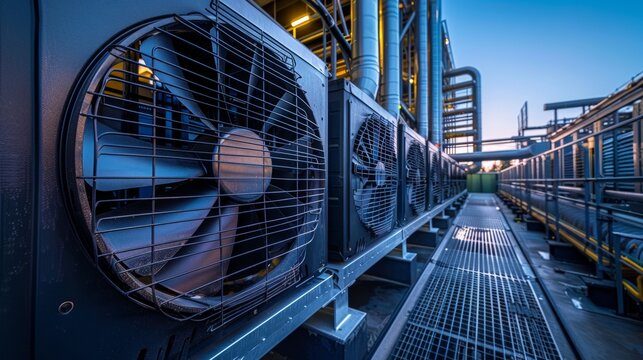 Sets of cooling towers in data center building.