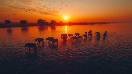   A group of elephants stands in a body of water as the sun sets behind them, birds fly overhead