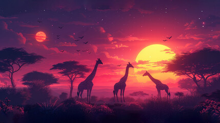   Two giraffes adjacent in a verdant field, beneath a violet sunset sky