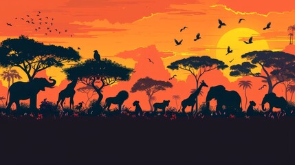 Fototapeta na wymiar A collection of elephants and giraffes grazing in a field dotted with trees Sky is populated by soaring birds