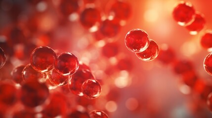 Hemoglobin molecule under a microscope, Red Blood Cells Moving. Abstract microbiology banner. - obrazy, fototapety, plakaty