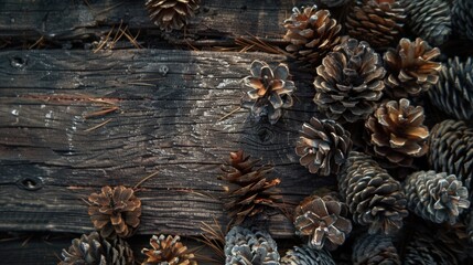 Pine cones stacked on a rustic table, suitable for autumn and nature themes