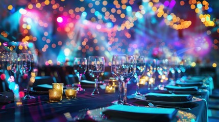 Wine glasses on table and bokeh lights
