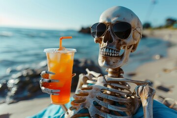 A skeleton, face censored, holds a summer drink at the beach with vacation vibes - obrazy, fototapety, plakaty
