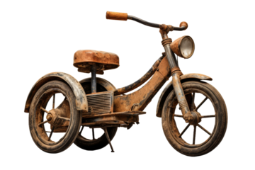 The Forgotten Journey: A Vintage Rusty Tricycle on a Blank Canvas. On White or PNG Transparent Background.