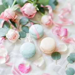 Macaroons and flowers on the table
