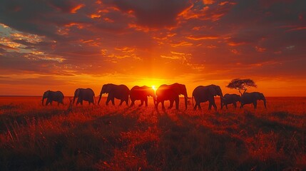 Fototapeta na wymiar A herd of elephants atop a verdant field, beneath a cloud-studded sky, as the sun sets