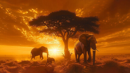 Fototapeta na wymiar A cluster of elephants gathered near a solitary tree in an open field as sunset painted the sky