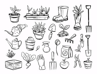 Gardening, farm tools,  set of vector objects, sketch illustration, seedlings, shovels, hand drawn, black outline
