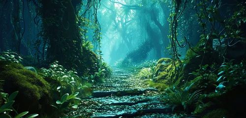  Shimmering pathways of bioluminescent moss guide the way through a mystical magic exotic forest with shiny neon. © Zeba