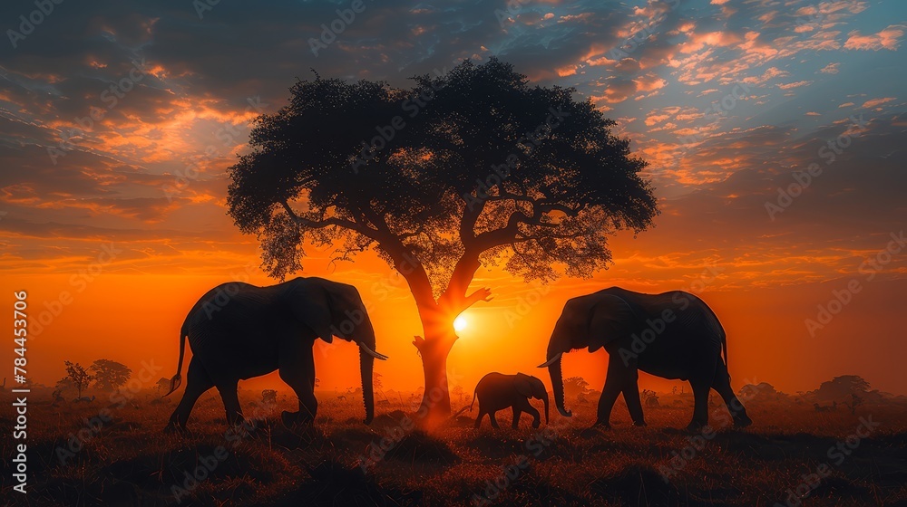 Canvas Prints   A group of elephants gathered before a tree as the sun set, with several more in the foreground