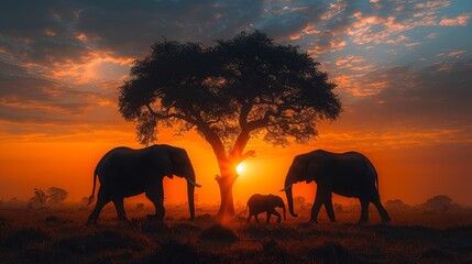 Fototapeta na wymiar A group of elephants gathered before a tree as the sun set, with several more in the foreground