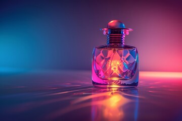 A modern, stylishly designed perfume bottle surrounded by an array of mesmerizing colorful neon lights - obrazy, fototapety, plakaty