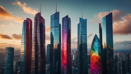 An image showcasing a cityscape of sleek, colorful skyscrapers designed in abstract geometric shapes, reflecting contemporary architectural trends. - obrazy, fototapety, plakaty