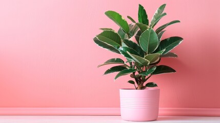 Potted plant on table against pink wall