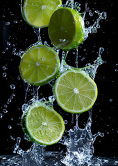Water splashed delicious lime slices, isolated dark background.