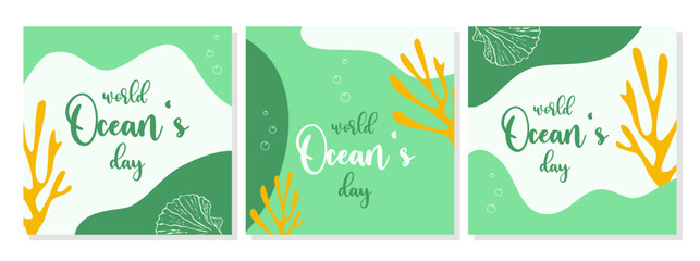 World Oceans Day poster set with seaweed, seashell coral and air bubbles. Harmonious azure turquoise flowing shapes in boho style.