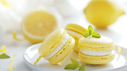 Yellow macarons on a white table
