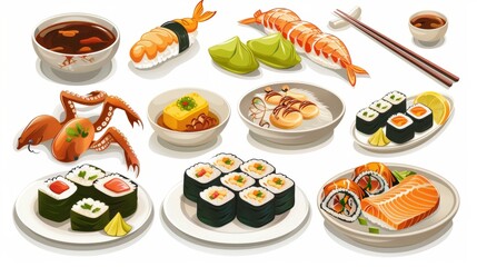 Isolated modern cartoon illustration of hot dumplings, octopus tentacles in bowl, fish rolls on plate, chinese, korean, japanese dishes, restaurant menu. - obrazy, fototapety, plakaty