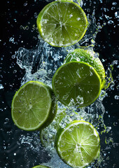 Water splashed delicious lime slices, isolated dark background.