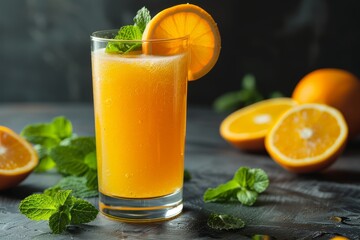 Vibrant orange juice served in a tall glass, garnished with a fresh mint sprig and a slice of orange on the side