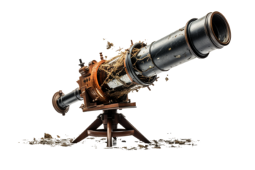 Stellar Gaze: Wooden Stand Supporting Grand Telescope. On White or PNG Transparent Background.