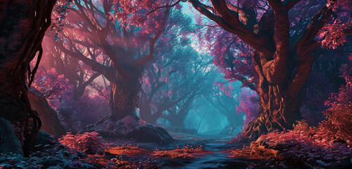  Wisps of iridescent mist weave through ancient trees, concealing the secrets of a mystical magic exotic forest with shiny neon. - obrazy, fototapety, plakaty